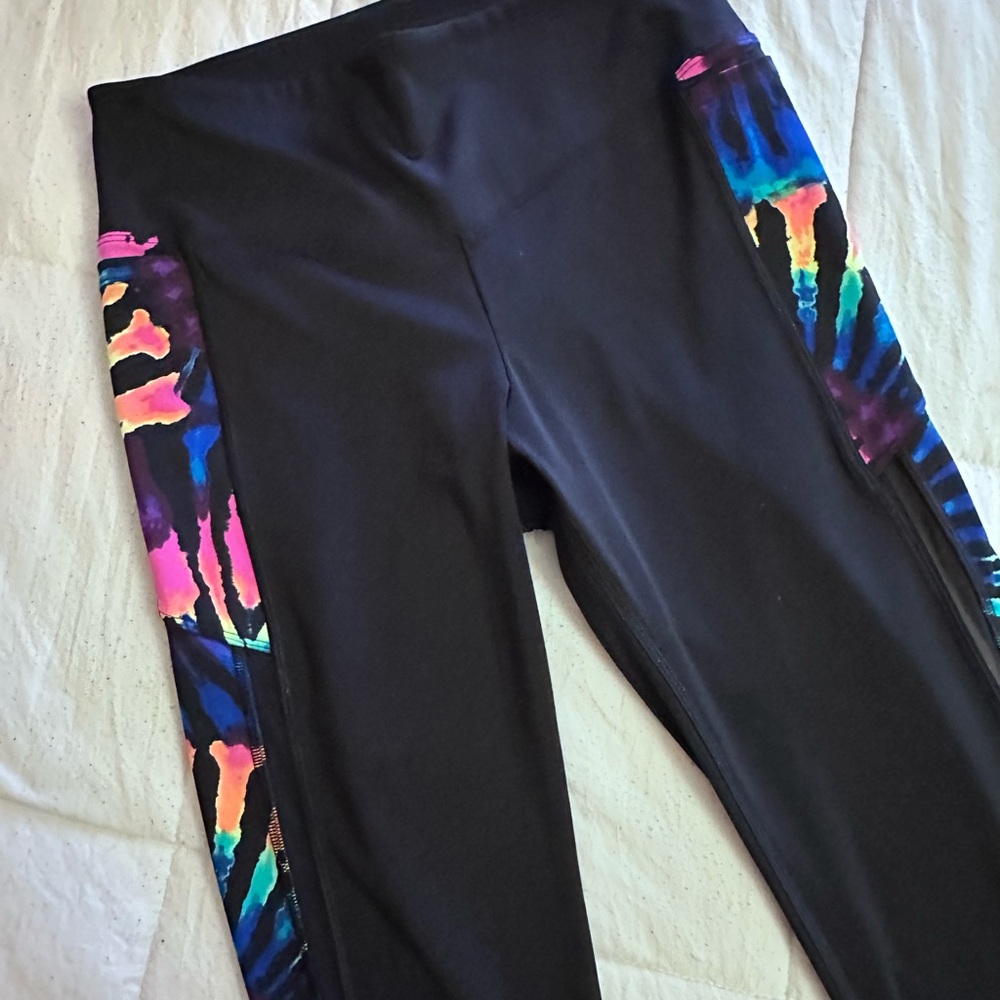 Pink Active Black Leggings with Tie-Dye Accents